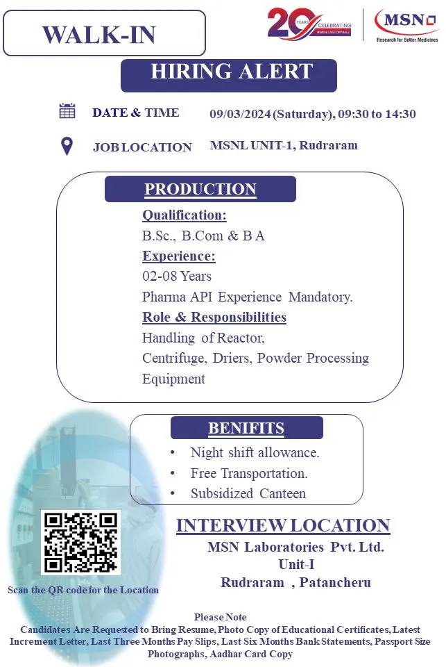 MSN Laboratories - Walk-In Interviews for Production, QC, Engineering, Microbiology, Warehouse on 9th Mar 20242